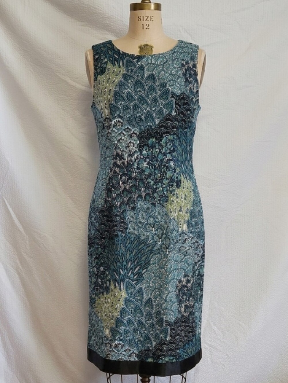 Dressbarn Teal Blue Paisley Peacock Print Sleeveless Sheath Dress 12 Stretch